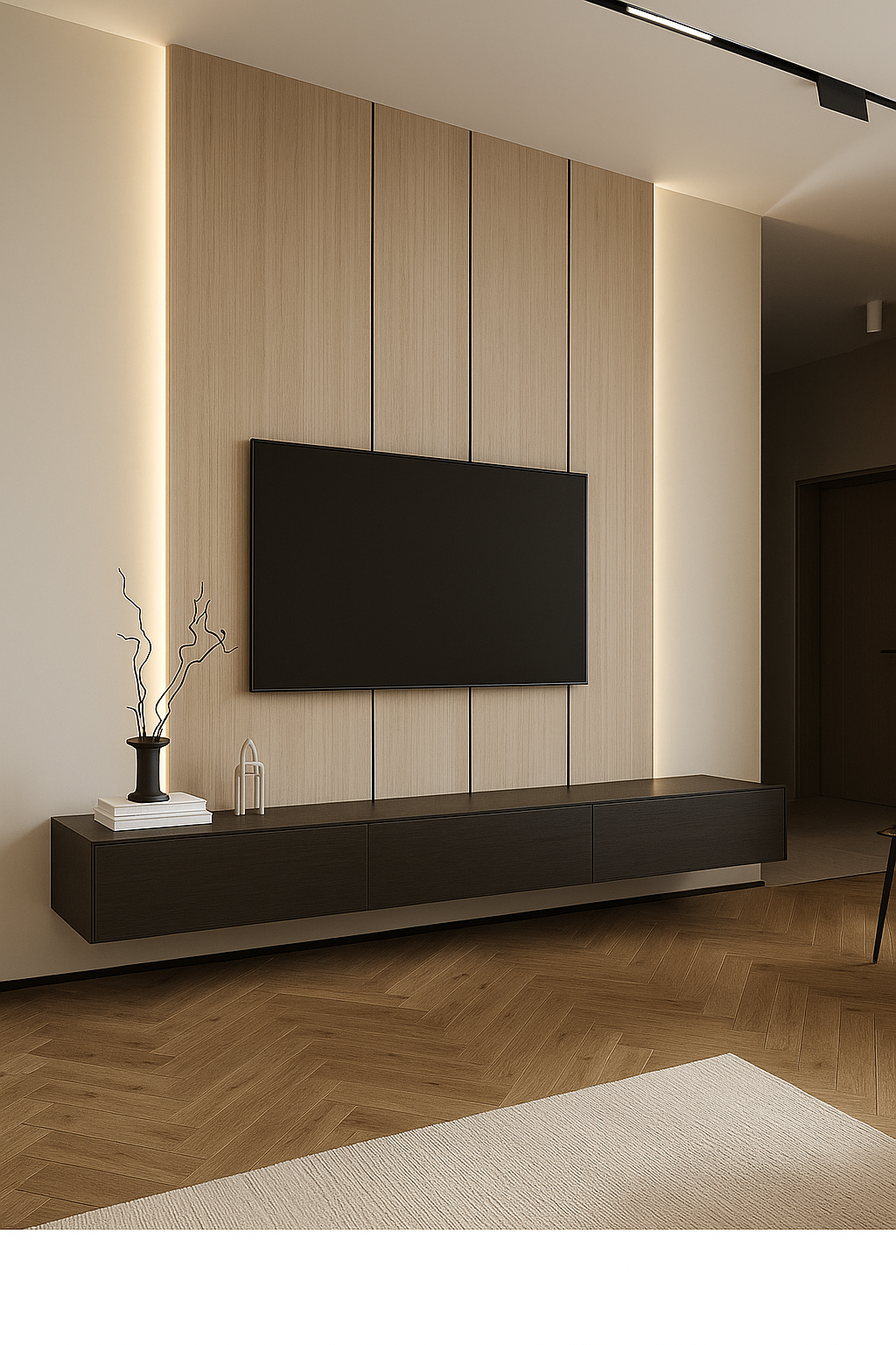 Modern TV Unit with Vertical Wood-Effect Panels and Soft Side Lighting
